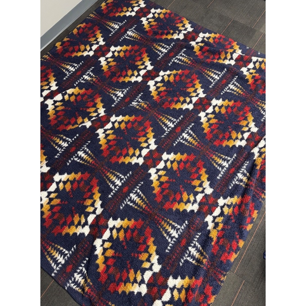 Pendleton Sherpa Blanket Southwestern Aztec Fleece Throw Navy Blue 84x100